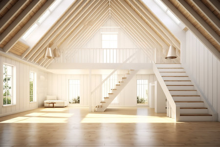 Inviting empty attic with wooden staircase, skylight, and exposed beams, illuminated by soft natural light. The room is spacious and bright, with a unique character created by the sloping ceiling and exposed beams.の素材