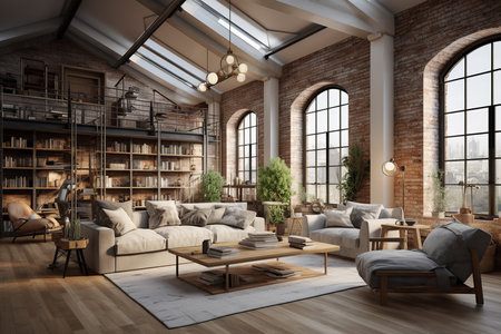 A modern living room with a comfortable couch, two accent chairs, a coffee table, and a large bookshelf. The room is spacious and has a lot of natural light.の素材