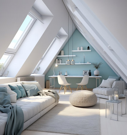 Cozy living room with a couch, desk, and plants. The room is decorated in a neutral color palette with pops of color from the plants and artwork.の素材