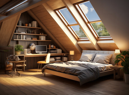 Serene minimalist bedroom with a bed, desk, shelves, and plants. The room is decorated in a neutral color palette with pops of color from the plants and artwork. The soft textures and warm tones create a relaxing and inviting atmosphere.の素材