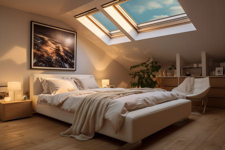 Serene bedroom with a skylight and a bed. The room is decorated in a minimalist style, with white walls, light wood furniture, and a plush bed. The skylight lets in plenty of natural light, creating a calming and relaxing atmosphere.の素材