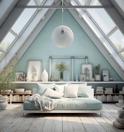 Inviting bedroom with a bed, couch, plants, and artwork. The room is decorated in a minimalist style with white walls, a light wood floor, and light wood furniture.の素材