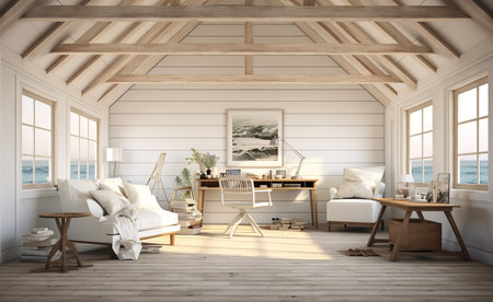 Contemporary living room with a sectional sofa, coffee table, rug, and plants. The room is decorated in a neutral color palette with white walls and light wood furniture.の素材