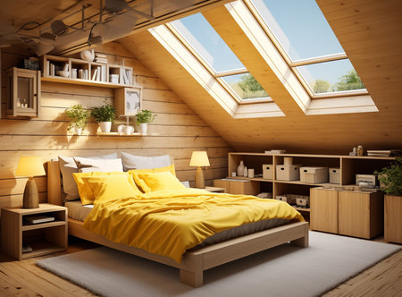 Spacious and inviting bedroom with a bed, dresser, nightstand, and skylights. The room is decorated in a minimalist style with white walls, light wood furniture, and pops of color from the plants and artwork.の素材