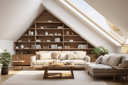 attic bedroom with a white bed, wooden furniture, and skylight. Decorated in a neutral color palette with white walls and light wood furniture, creating a bright and airy atmosphere. The skylight lets in plenty of natural lightの素材
