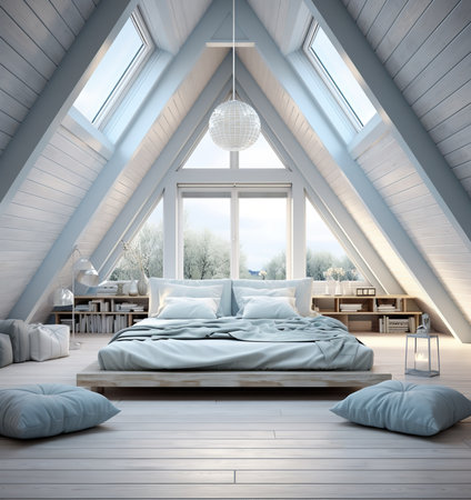 Bright and airy bedroom with a large bed, skylight, and sloped ceiling. The room is decorated in a minimalist style with white walls and light wood furniture, creating a relaxing and inviting atmosphere.の素材