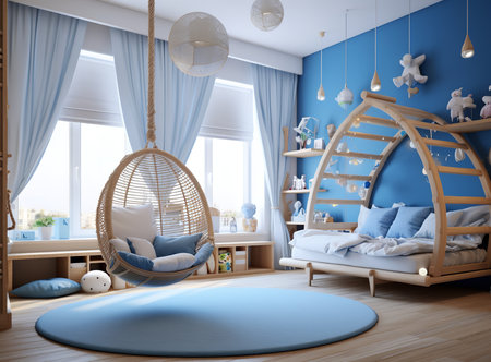 Rustic bedroom with a bed, swinging chair, and fireplace. The room is decorated in warm and inviting tones, with exposed wood beams and a plush bed. The swinging chair is the perfect place to relax and unwindの素材