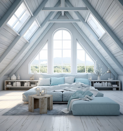 Cozy attic bedroom with a bed, skylight, and sloped ceiling. The room is decorated in a minimalist style with white walls and light wood furniture.の素材
