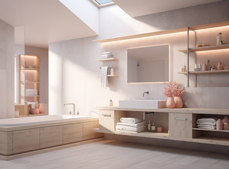 Cozy bathroom with a bathub, sofa, coffee table, and rug. Soft textures and warm tones create a relaxing and inviting atmosphere.の素材