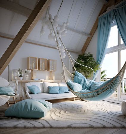 Serene bedroom with a hammock chair, swing, and plants. The room is decorated in a minimalist style, with white walls, light wood furniture, and pops of color from the plants and artwork.の素材