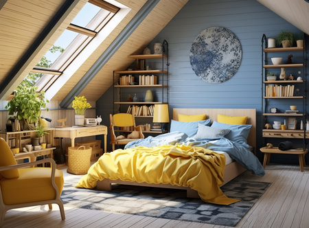 bedroom with a bed, dresser, and shelves, lit by a large window with a stunning view of the city skyline. Decorated in a neutral color palette with white walls and light wood furniture, creating a warmの素材