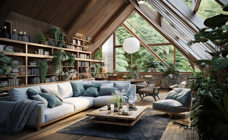 living room with wooden furniture, leather couch, fireplace, string lights, and plants. The warm wood furniture and soft leather couch create a cozy and inviting atmosphere. The fireplace provides a focal pointの素材