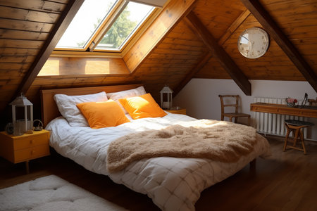 bedroom with a wooden bed, dresser, nightstand, string lights, and plants. The warm wooden furniture and soft linens create a warm and inviting atmosphere. The string lights and plantsの素材