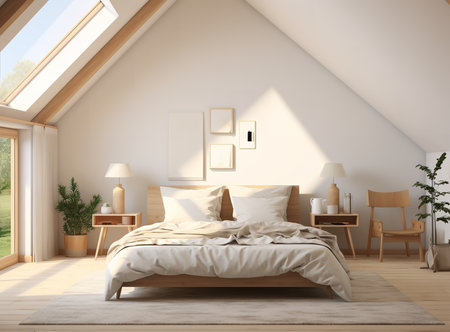 rustic bedroom with a wooden bed, dresser, and nightstand, plants, and string lights. The wooden furniture and exposed beams give the bedroom a warm and cozy atmosphere.の素材