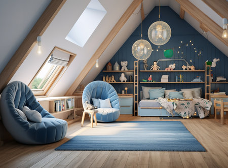 Charming attic bedroom with blue walls, white bed, chairs, and rug, lit by skylight. The blue and white color scheme creates a calming and inviting atmosphere, while the skylight lets in plenty of natural light.の素材