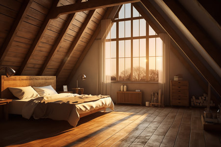 bedroom with a large bed, plants, and warm lighting. The large bed is made with soft linens and pillows, inviting you to curl up and relax. The plants add a touch of life and freshness to the spaceの素材