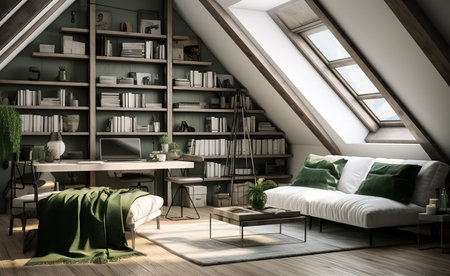 stylish living room with a white couch, wooden coffee table, abstract art, plants, and string lights. The white couch invites you to curl up and relax, while the wooden coffee table provides a place to set downの素材