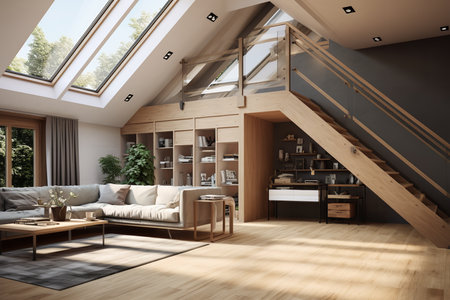 Cozy living room with white couch, stairs, plants, and string lights. The white couch invites you to curl up and relax, while the stairs add a touch of character and dimension.の素材