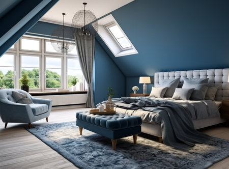 attic bedroom with white bed, wooden furniture, rug, and skylights. The bright white walls and light wood furniture create a bright and airy atmosphere, while the skylights let in plenty of natural light.の素材