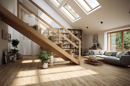 spacious living room with a wooden staircase, white couch, skylight, plants, and string lights. The wooden staircase adds a touch of warmth and character, while the white couch invites you to relax and unwind.の素材
