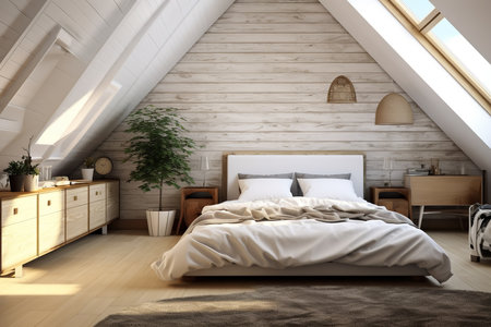 Cozy attic bedroom with a bed, dresser, and window, featuring sloped ceilings and exposed beams. The warm wooden walls and floors create a rustic and inviting atmosphereの素材