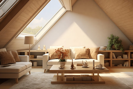 minimalist living room with a gray couch, coffee table, and rug, lit by a large window. Decorated with a neutral color palette of white and gray, and simple yet stylish furniture.の素材