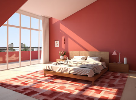 a modern bedroom with a sloped ceiling and skylights. The room is decorated in a contemporary style with a white and red color scheme. The bed is the focal point of the room, with a wooden headboard and red bedding.の素材