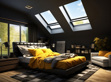 a modern bedroom with a sloped ceiling and skylights. The room is decorated in a contemporary style with a black and yellow color scheme.の素材
