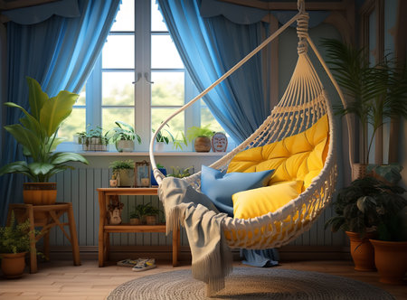 The bed is the focal point of the room, with a black leather headboard and yellow bedding. The room also has a sofa, a desk, and a rug.の素材