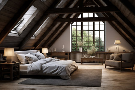 A warm and inviting bedroom with a bed, chair, and window, decorated in a neutral color palette of white, beige, and gray. The bed is made with white linens and there is a throw blanket at the foot of the bed.の素材