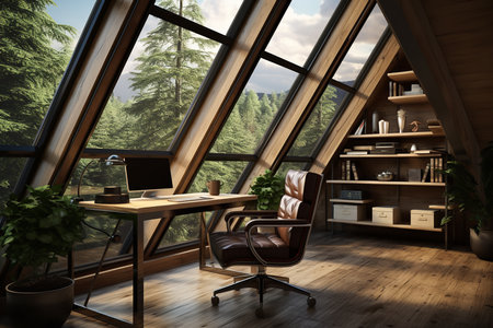 a modern home office features a large triangular window that offers a panoramic view of a forest. The space is furnished with a desk, computer, chair, and bookshelf.の素材
