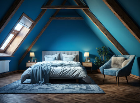 A serene blue bedroom with a bed and a chair, lit by natural light from a window. The bed is made with white linens and there is a blanket folded at the foot of the bed. The chair is placed next to the windowの素材