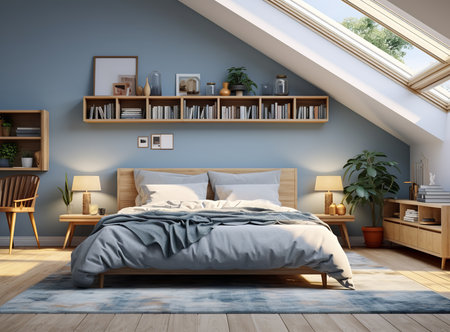A modern bedroom with a cozy and comfortable atmosphere. The room has a large bed with a wooden headboard and a blue duvet cover. The room also has a wooden bookshelf, a desk, and a chair.の素材