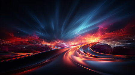 A captivating abstract landscape with a glowing horizon. The landscape is made up of geometric shapes and flowing lines, and the horizon is bright and radiant. The colors are vibrant and saturatedの素材