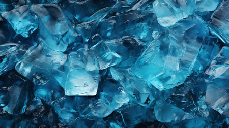 Close-up photo of a pile of blue ice cubes. The ice cubes are crystal clear and reflect the light, creating a sparkling and refreshing image. The ice cubes are stacked neatly on top of each otherの素材