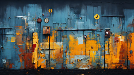 A high-resolution image of a vibrant blue and yellow painting of a wall with clocks on it, in a bold and contemporary style. The painting is full of energy and movementの素材