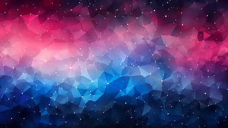 A high-resolution image of a colorful galaxy with triangles and stars in a blue and pink geometric background. The galaxy is swirling and vibrant, with bright stars scattered throughout.の素材