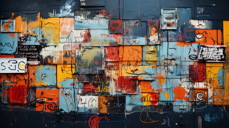 Vibrant photo of a graffiti wall covered in colorful and whimsical murals. The bright colors and playful designs create a cheerful and inviting atmosphere.の素材