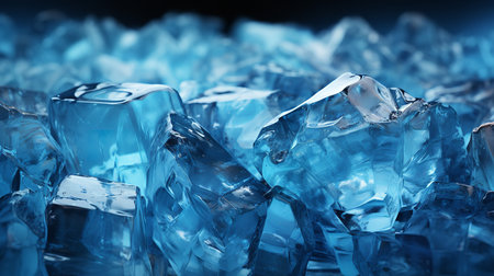 Close-up photo of a pile of blue ice cubes on a table. The ice cubes are crystal clear and reflect the light, creating a sparkling and refreshing image.の素材