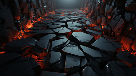 This 3D rendering depicts a dark and ominous tunnel filled with broken rocks and lava. The tunnel appears to be collapsing, with debris cascading from the ceiling and walls.の素材