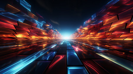 A mesmerizing 3D rendering of a futuristic tunnel with red, blue, and yellow neon lights. The tunnel is dark and empty, and there is a bright white light at the end.の素材