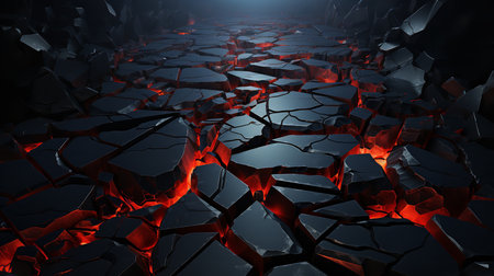 This image shows the aftermath of a volcanic eruption, with the ground cracked and covered in red-hot lava. Glowing fissures and smoke billowing into the air create a sense of danger and excitementの素材