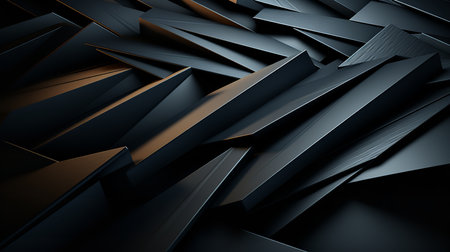 Close-up photo of a stack of black triangles on a black background. A striking and minimalist image with a textured feel. The sharp edges and angles of the triangles create a sense of dynamismの素材