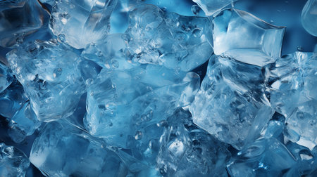 A close-up photo of a pile of ice cubes on a blue surface. The ice cubes are clear and transparent, and they reflect light in all directions, creating a sense of depth and dimension. The blue background complements the ice cubesの素材