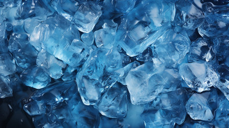 A close-up photo of a pile of ice cubes on a glass table. The ice cubes are clear and transparent, and they reflect the sunlight in all directions, creating a sense of sparkle and brilliance.の素材