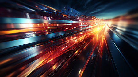Vibrant digital art of a city street at night, with abstract neon lights exploding from a hole in the ground. The lights are red and orange, and they are reflected in the wet pavement.の素材