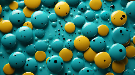 This image depicts yellow and green circles floating in oil and water. The circles are different sizes and shapes, and they are arranged in a chaotic and unpredictable wayの素材