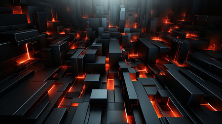 This photo of a bunch of black cubes with red lights creates a mysterious and futuristic scene. The cubes are arranged in a chaotic and seemingly random patternの素材