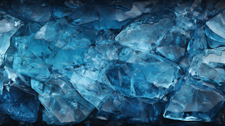 A close-up photo of a pile of ice cubes on a black background. The ice cubes are clear and transparent, and they reflect light in all directions, creating a sense of depth and dimensionality.の素材