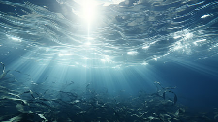 This stunning photo captures the beauty of the sun shining through the water in the ocean. Beams of light stream down from the surface, illuminating the seabed and creating a magical underwater scene.の素材